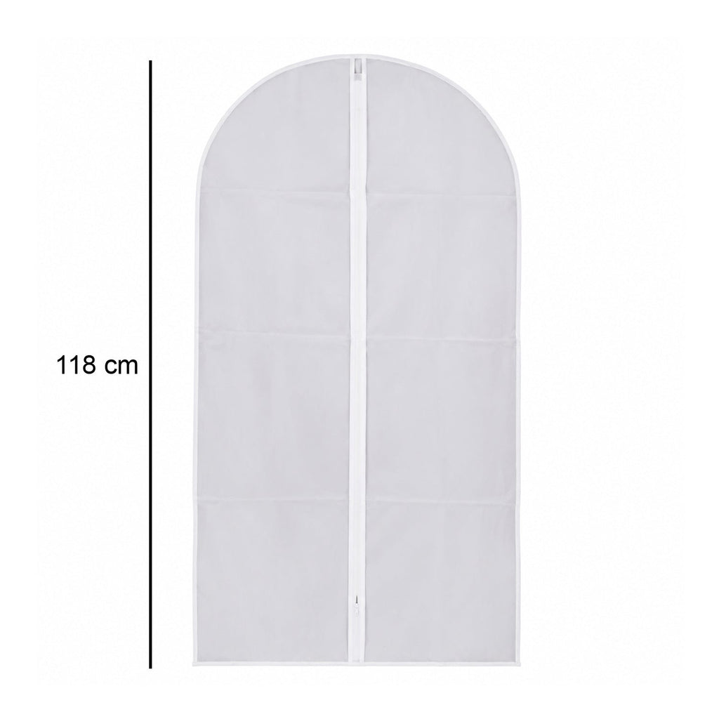 A translucent garment bag with a white zipper on a white background, with a black line indicating 118 cm length.