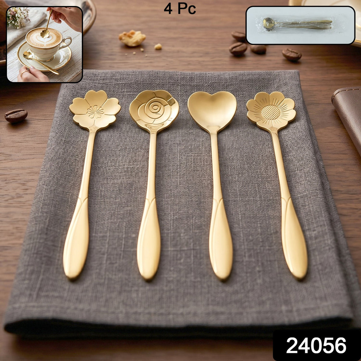 Four gold decorative spoons with flower and heart shapes on a gray napkin, with small inset images.
