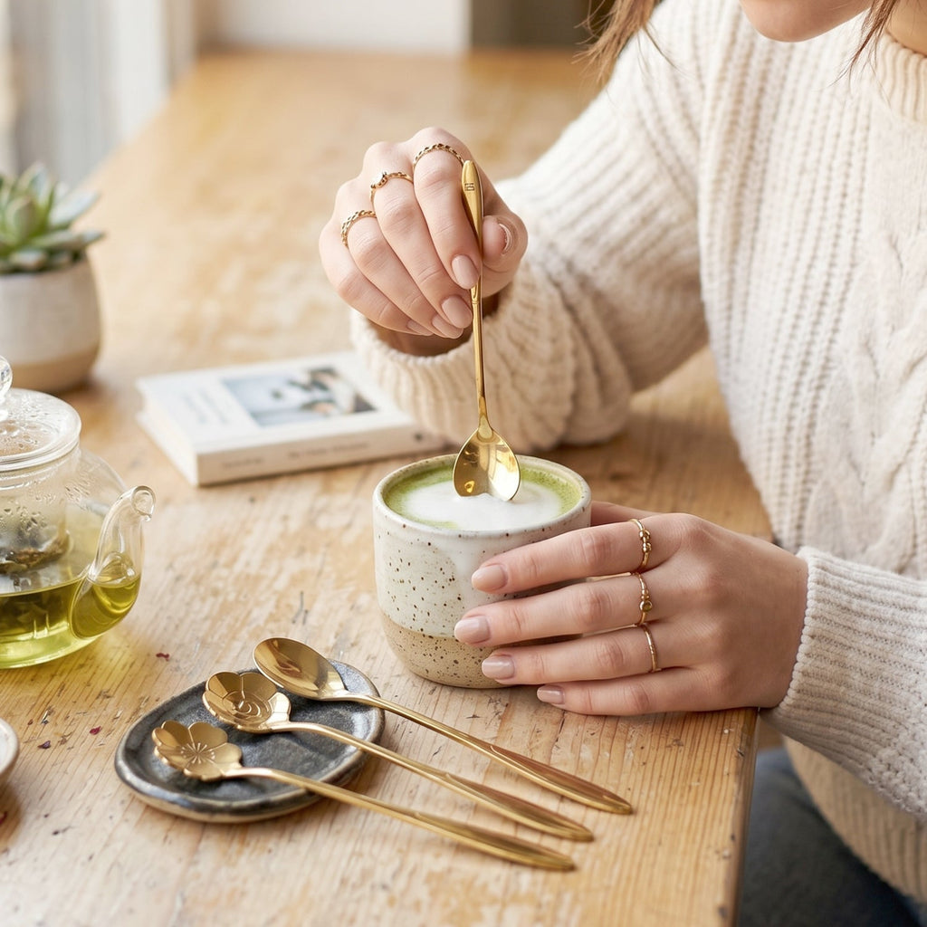 A person stirs a green drink with a gold heart-shaped spoon, three other spoons sit on a small plate.
