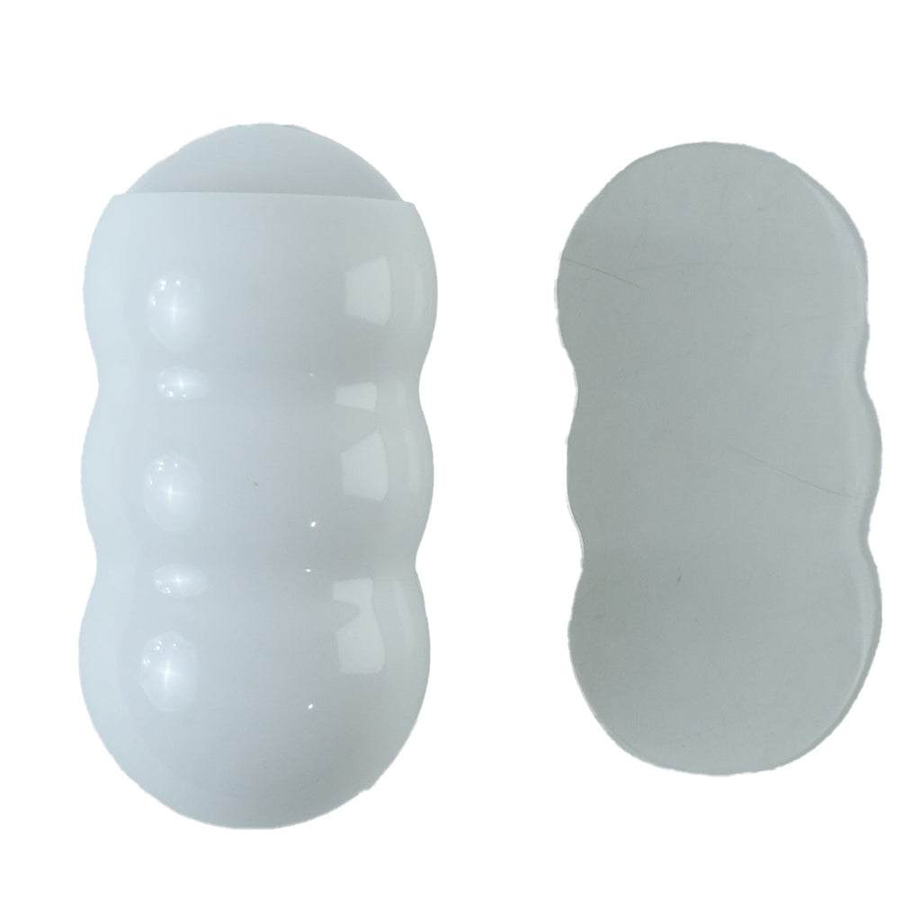 White, caterpillar-shaped holder and a clear adhesive strip on a white background.
