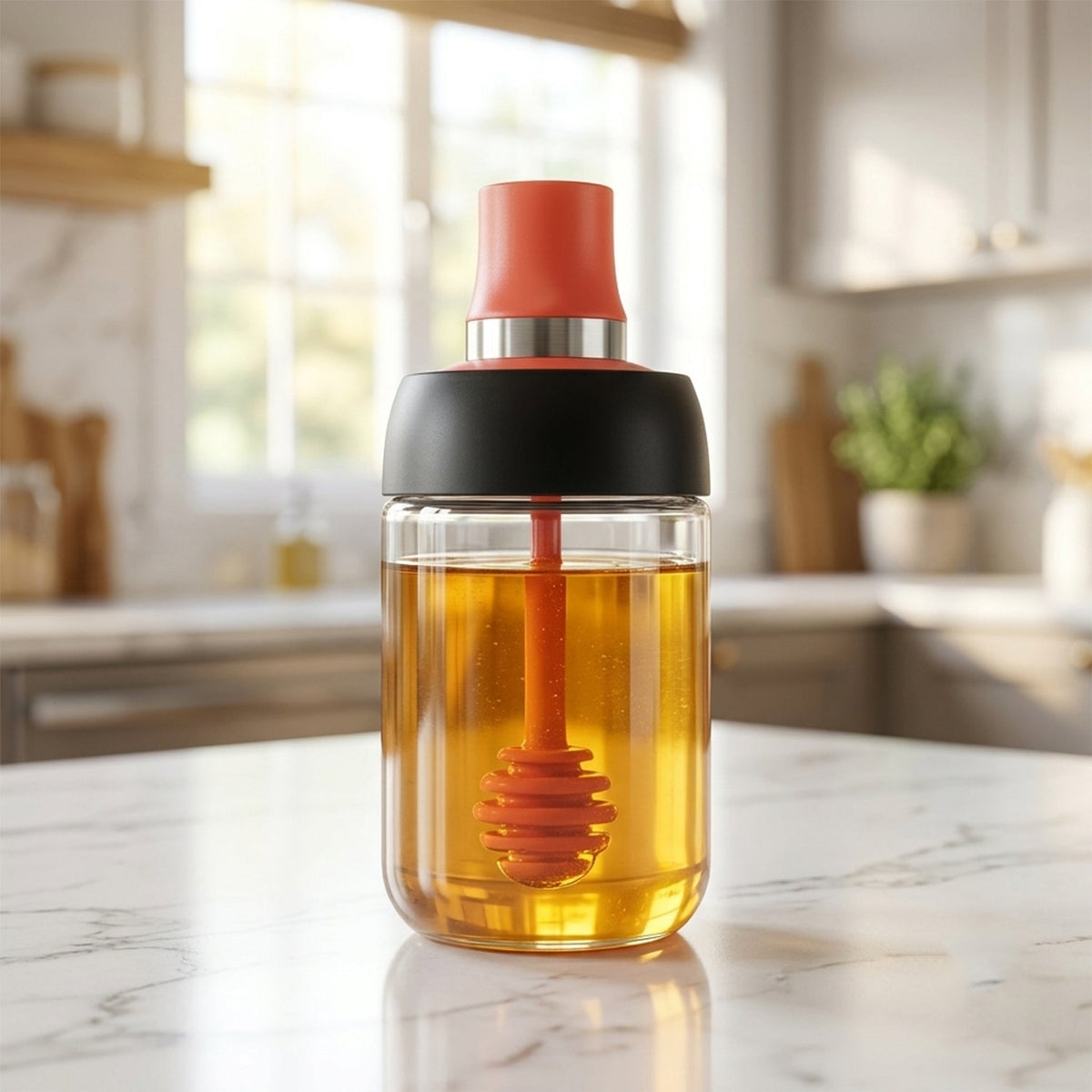 A glass dispenser filled with honey, featuring a red silicone dipper and black lid, on a kitchen counter.