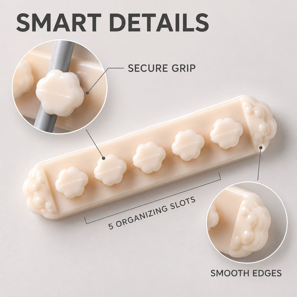 Close-up of a beige flower-shaped cable organizer clip highlighting its secure grip, five organizing slots, and smooth edges.