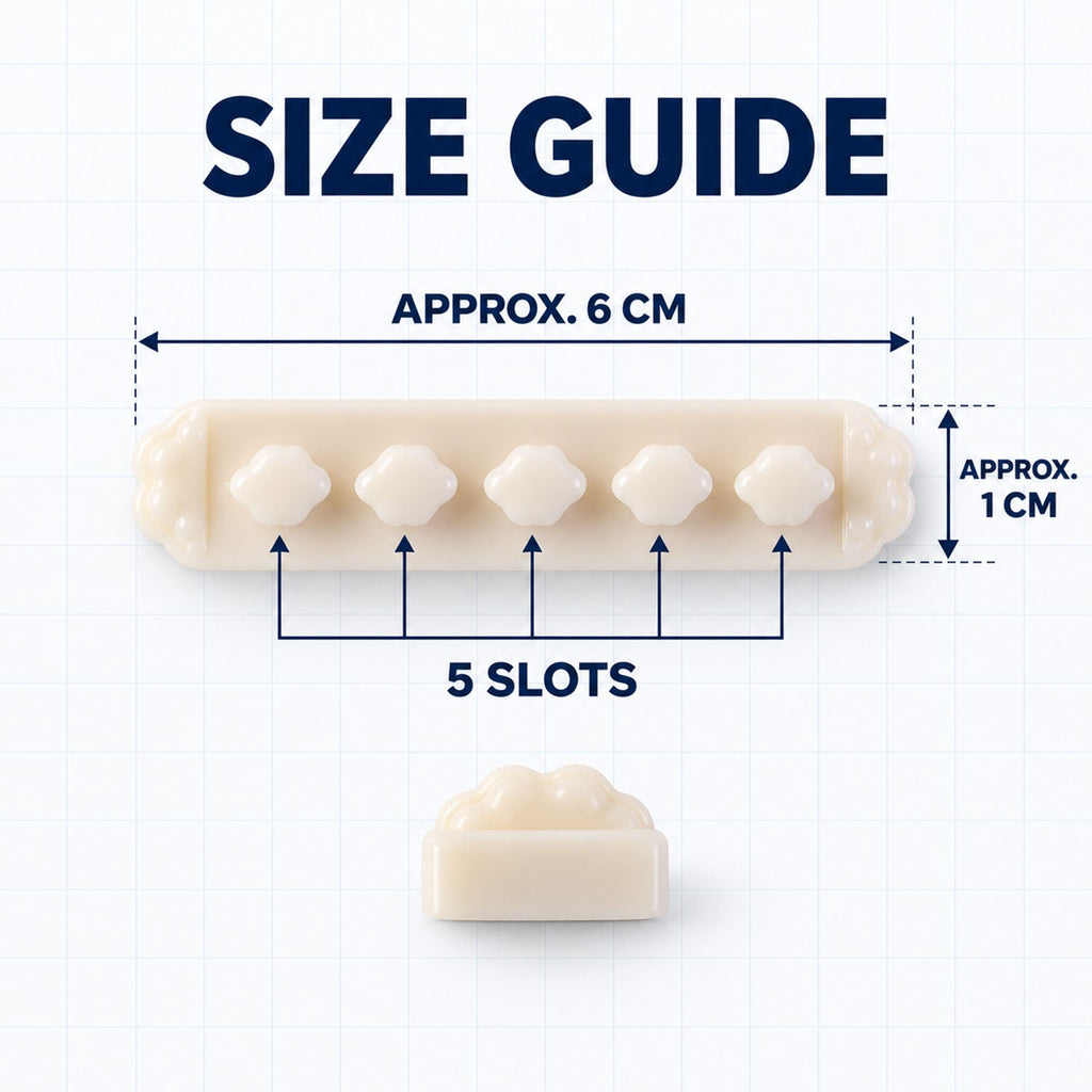 Size guide for the beige flower-shaped cable organizer clip, showing approximate dimensions of 6 cm length and 1 cm width.