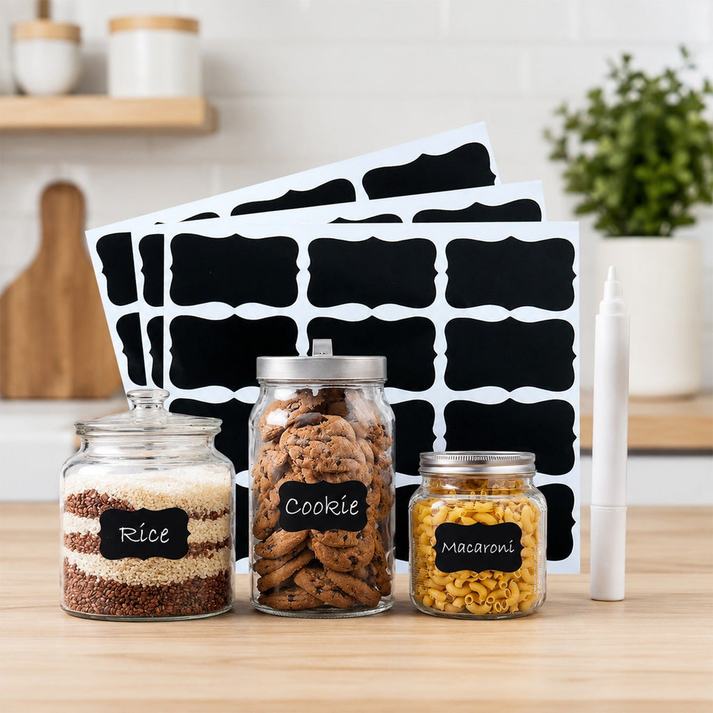 Three glass jars with chalkboard labels for rice, cookies, and macaroni, with blank labels and a white marker.