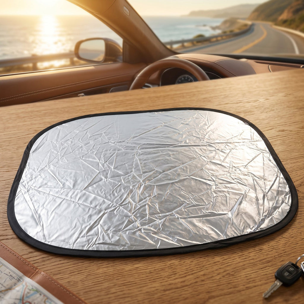 A silver reflective foldable car sunshade lies on a wooden dashboard, with a sunny road and ocean visible through the