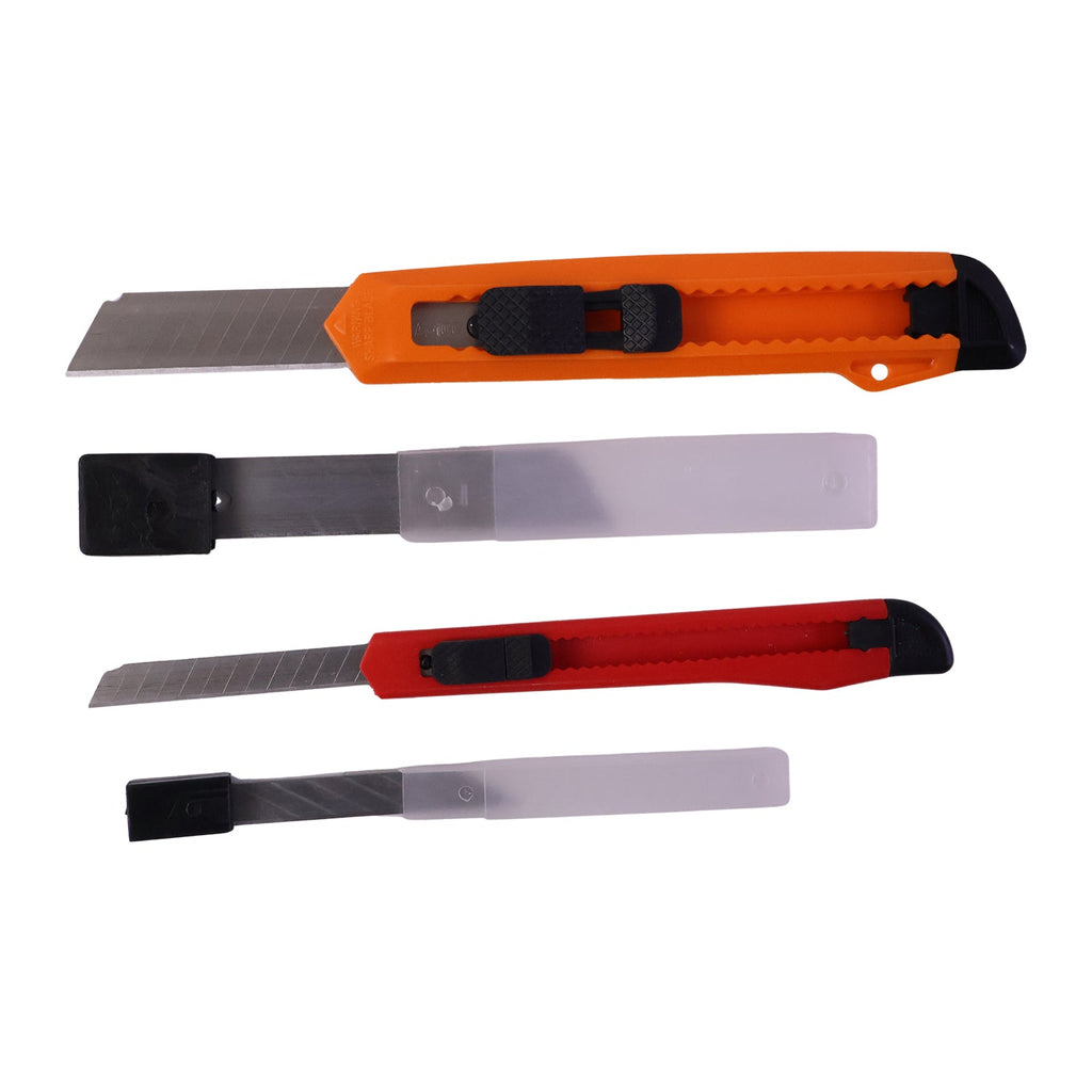 An orange utility knife with blade extended and a red utility knife with blade extended, with two blade storage cases.
