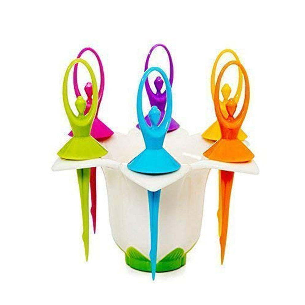 Four colorful dancing doll fruit forks in a white flower-shaped stand on a white background.