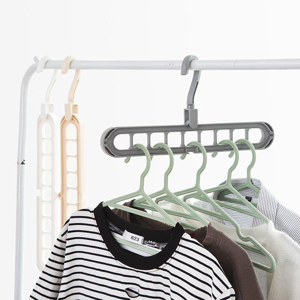 A gray multi-port hanger holds green hangers with clothes on a white garment rack.