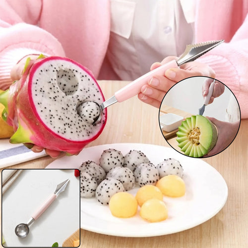 A person uses a pink-handled 2-in-1 tool to scoop dragon fruit balls, with a small inset of carving a melon.