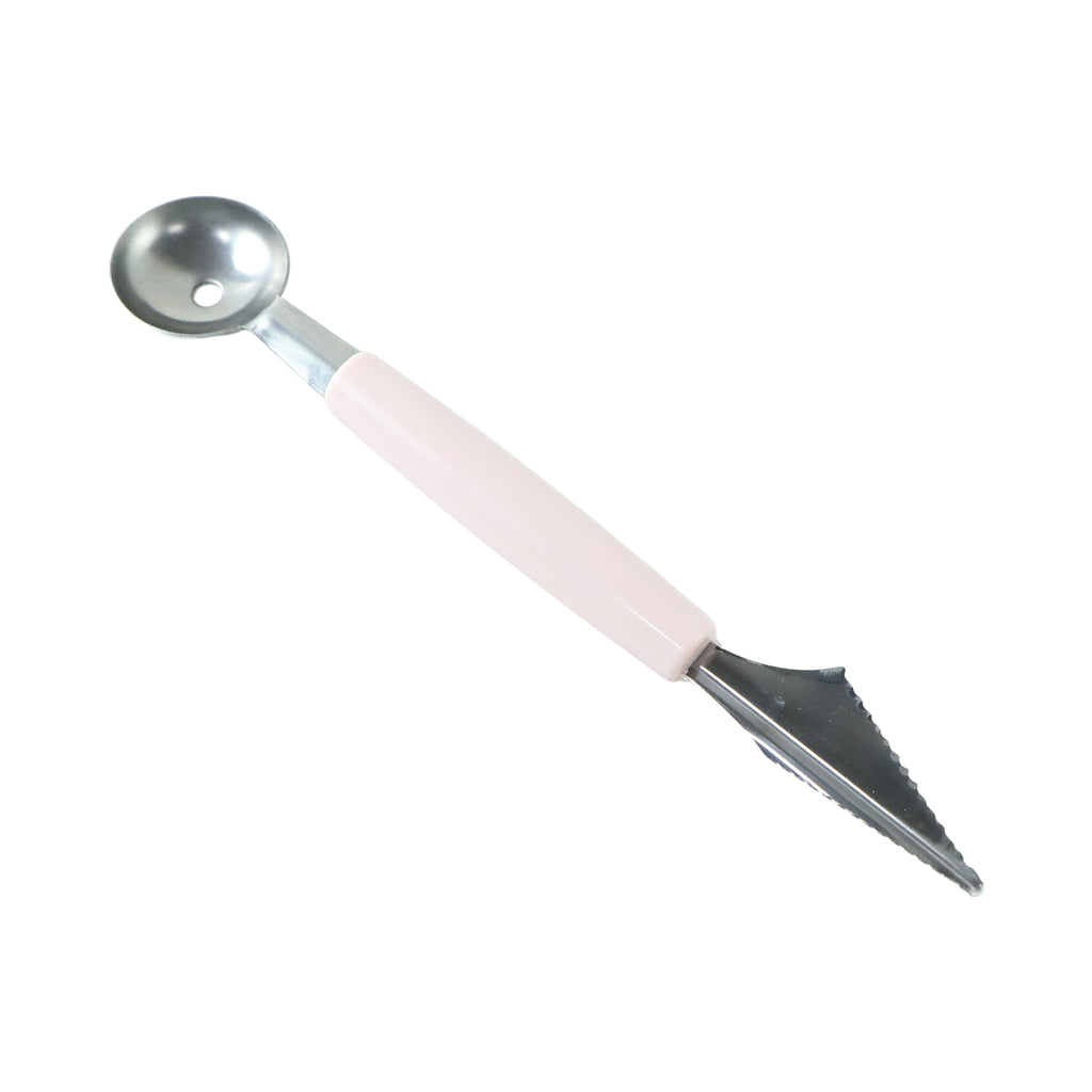 A pink-handled 2-in-1 fruit carving tool with a melon baller and a zigzag knife on a white background.
