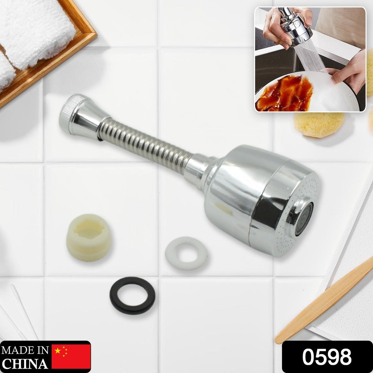 The chrome flexible faucet extension and three washers are displayed on a white tiled surface, with an inset showing it in