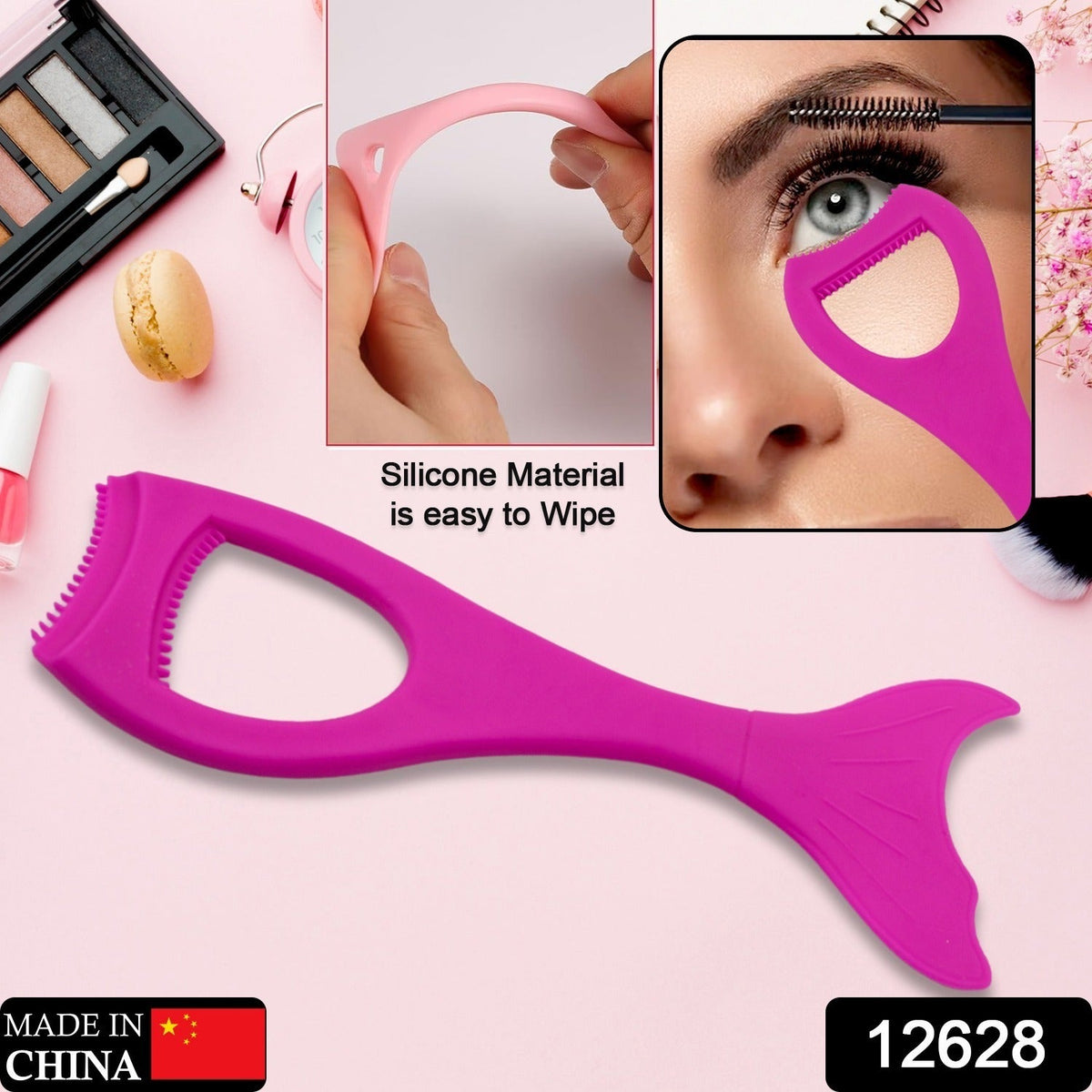 A fuchsia silicone eyeliner and mascara guide tool is shown with an inset demonstrating its flexibility and ease of cleaning.