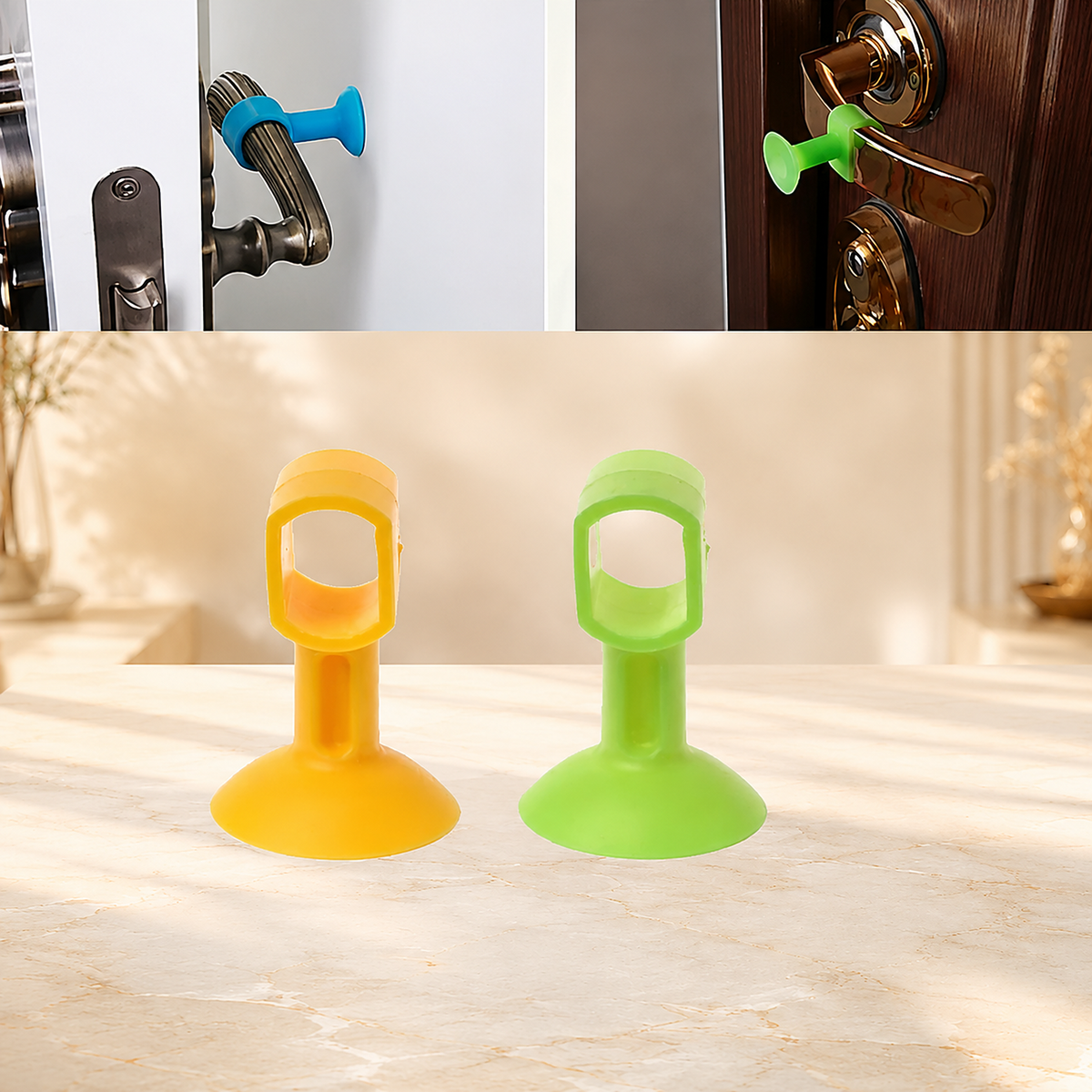 Two silicone door stoppers, one blue and one green, are shown in use on door handles, with two more in yellow and green