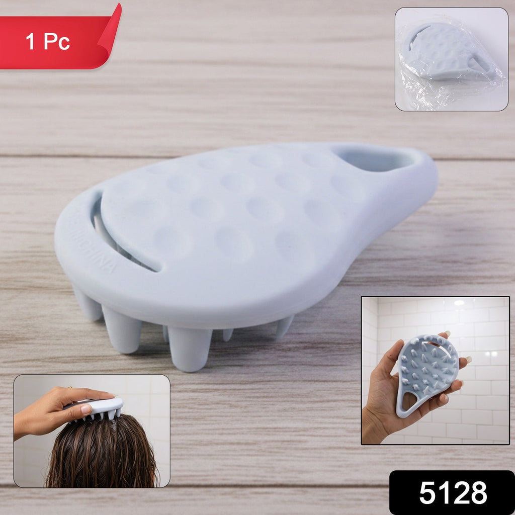 Light blue silicone scalp massager with insets showing it in use, held in a hand, and in packaging.