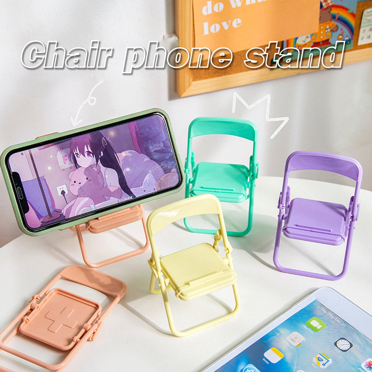 A phone on a teal chair stand, surrounded by yellow, purple, and peach chair stands, with a tablet in the foreground.