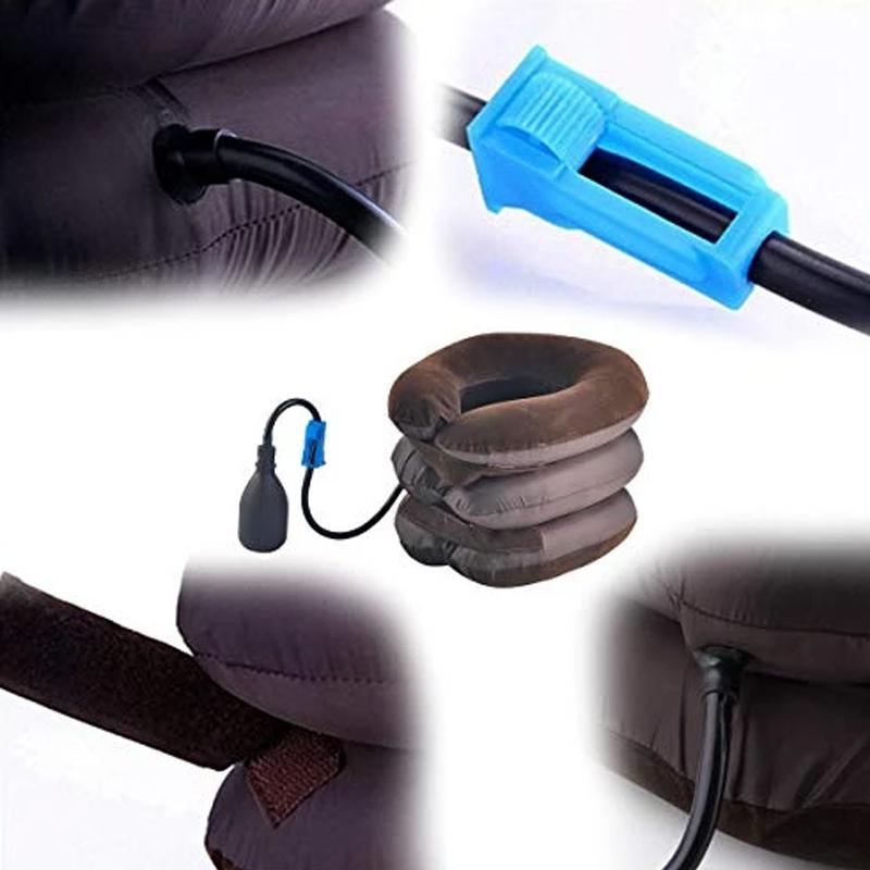 A collage of four close-up images showing the details of the neck traction device, including the pump connection and strap.