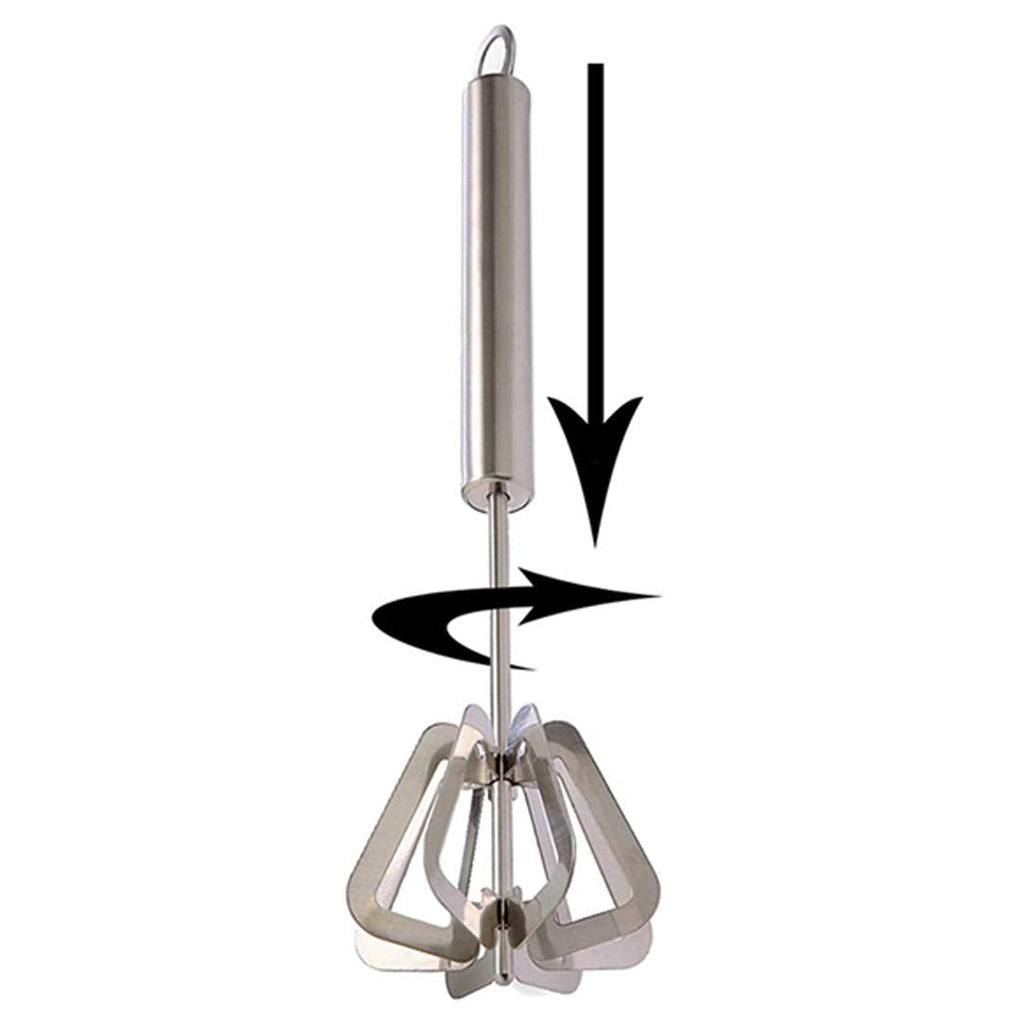 A silver stainless steel hand whisk with black arrows indicating a downward press and rotational movement.