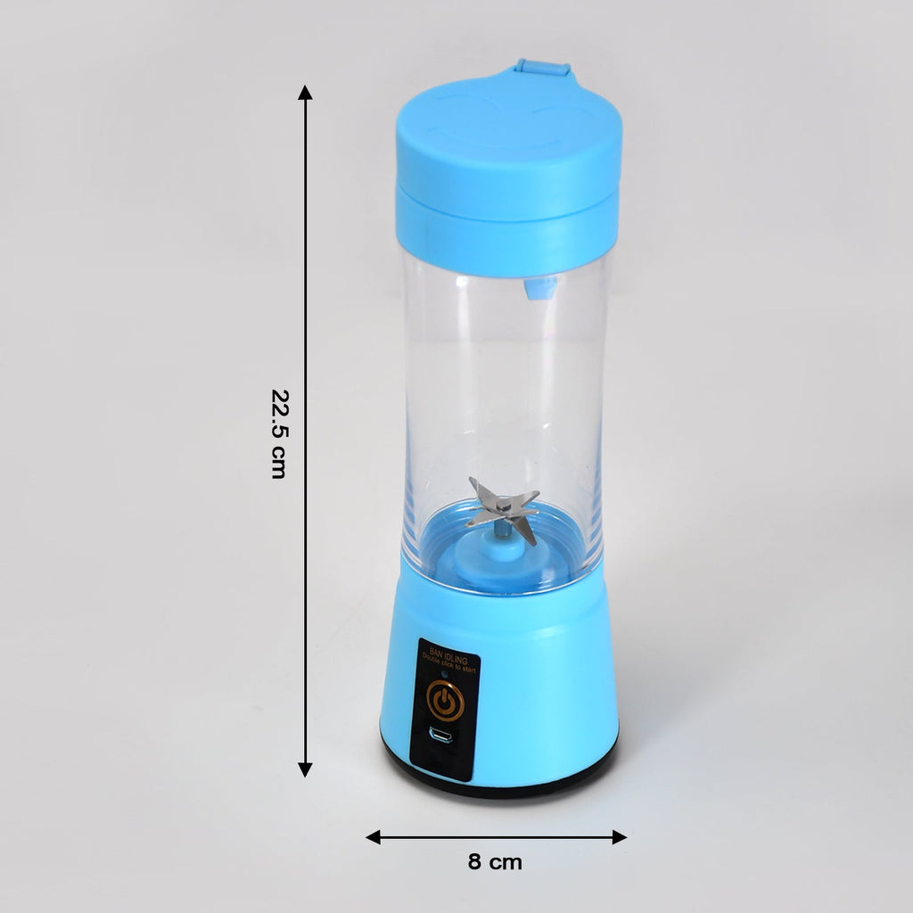 A blue portable juicer blender with a clear cup and six-blade assembly is shown with its height and width dimensions.
