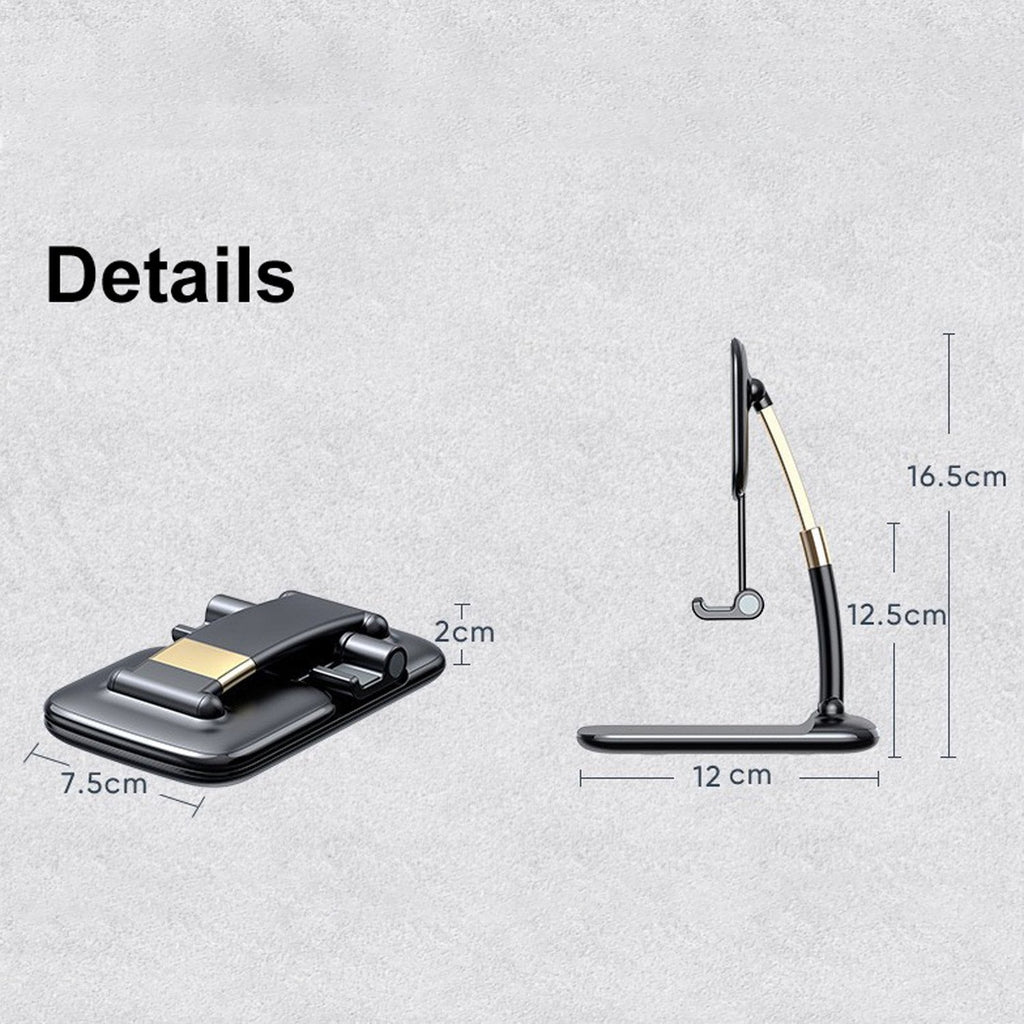 Folded and unfolded black and gold phone stand with dimensions labeled for length, width, and height.