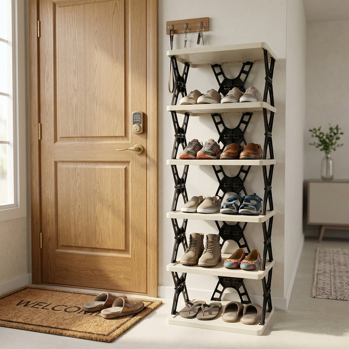A light grey and black foldable shoe rack filled with shoes, positioned next to a wooden door with a welcome mat.