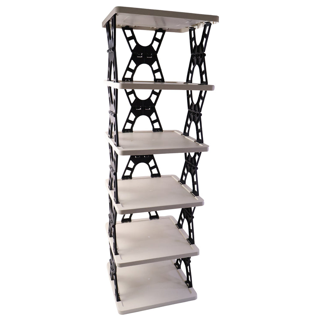An empty light grey and black foldable shoe rack with a white background, showcasing its design.