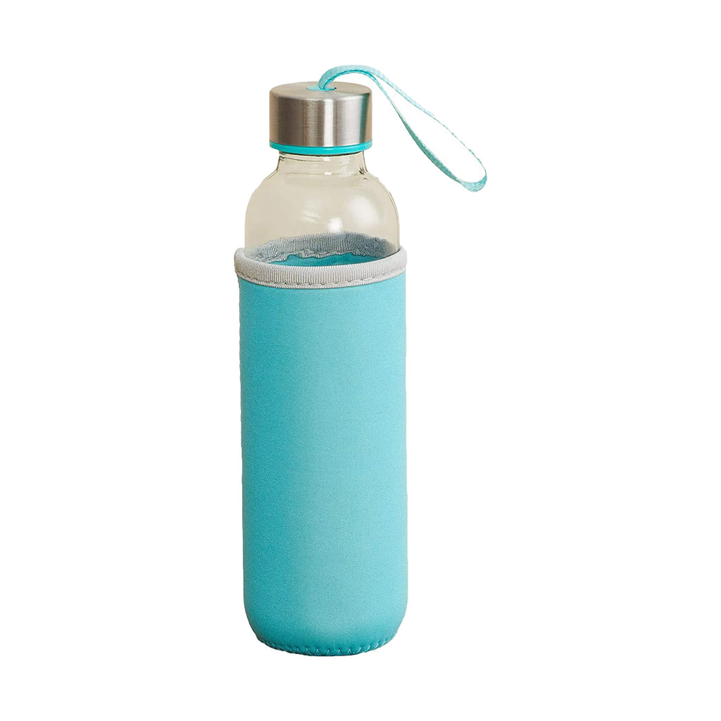 A clear glass bottle with a turquoise sleeve and matching lid, standing on a white background.