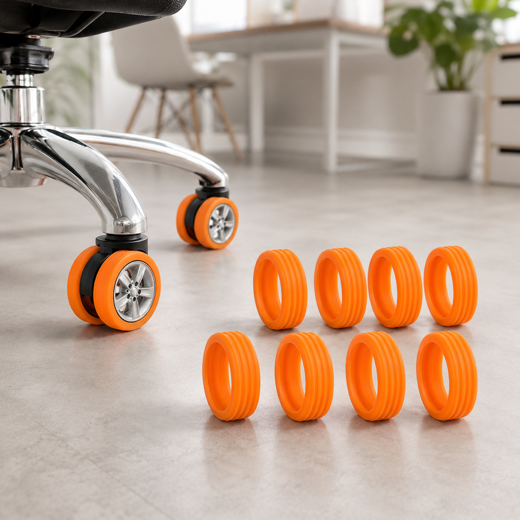 Eight orange silicone wheel covers on a light gray floor next to an office chair with two covers installed.