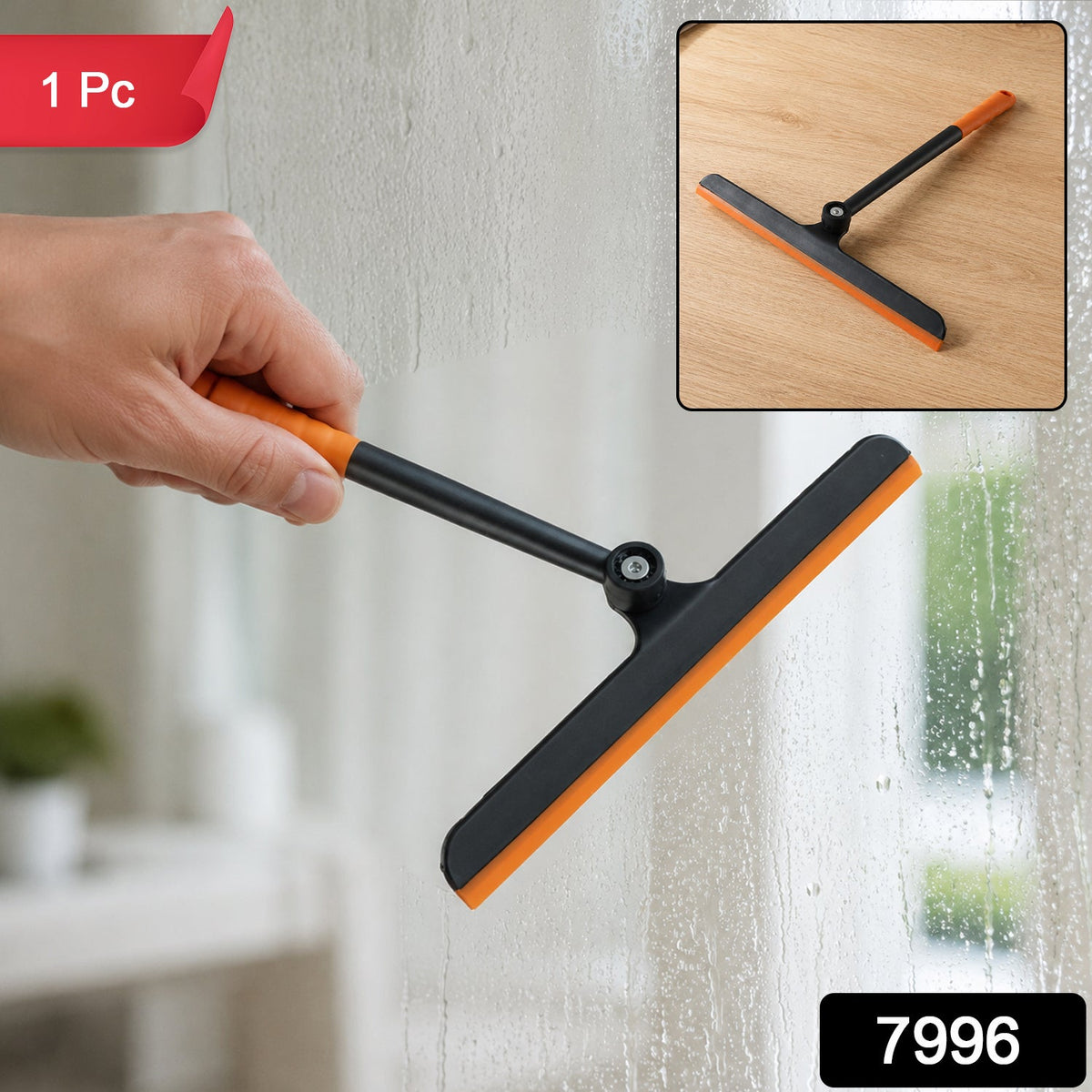 A hand holds an orange and black squeegee cleaning a wet window, with a smaller inset showing the squeegee on wood, and a