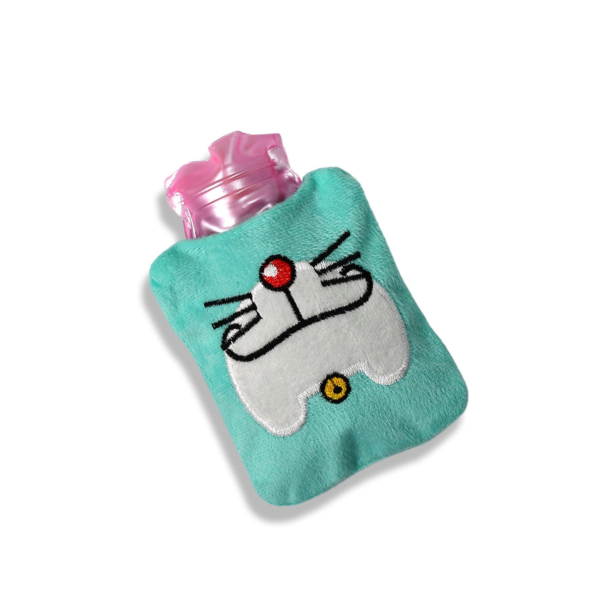 A light blue hot water bag with a Doraemon face design and pink bottle top is angled on a white background.