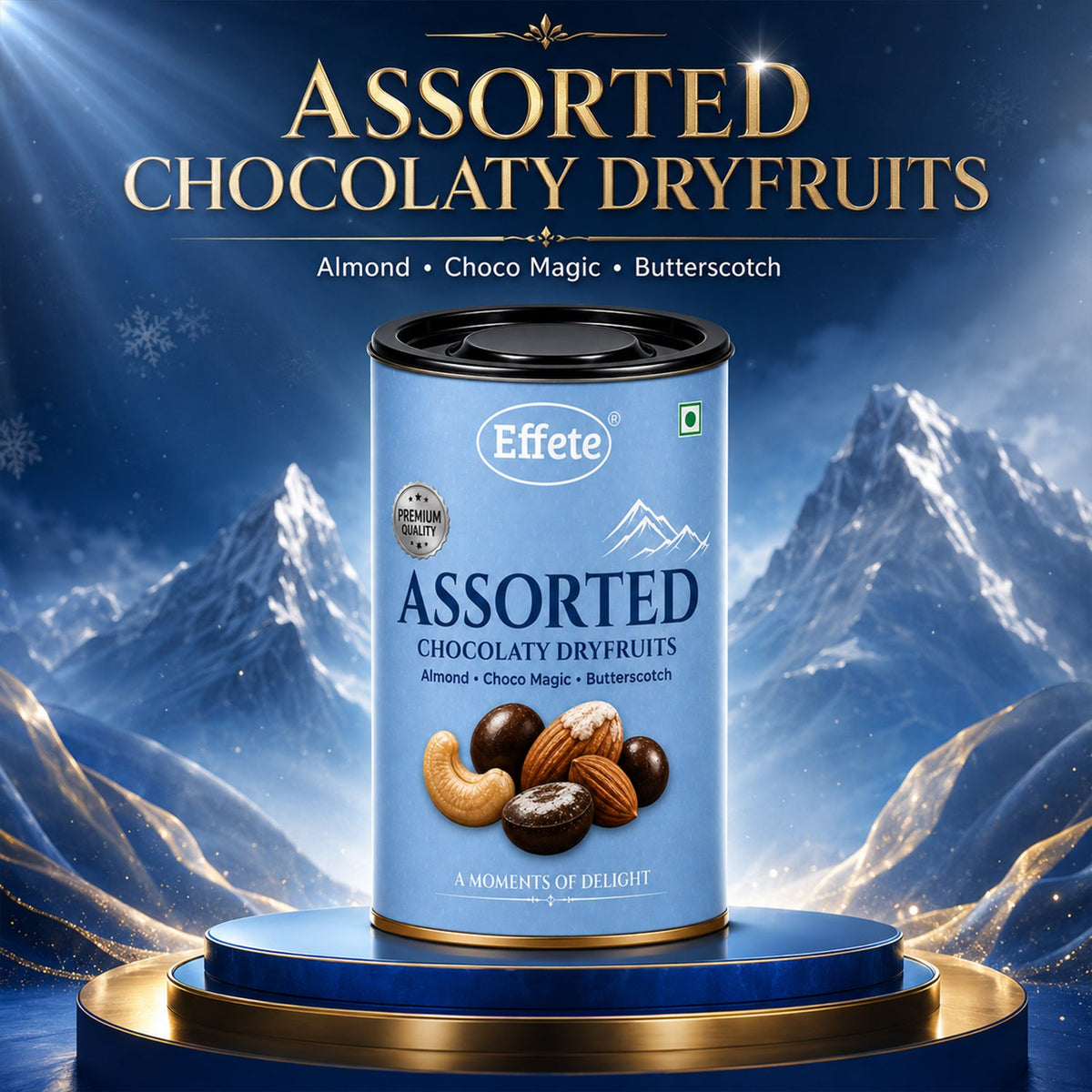 Effete assorted chocolaty dryfruits tin with three flavour sections.