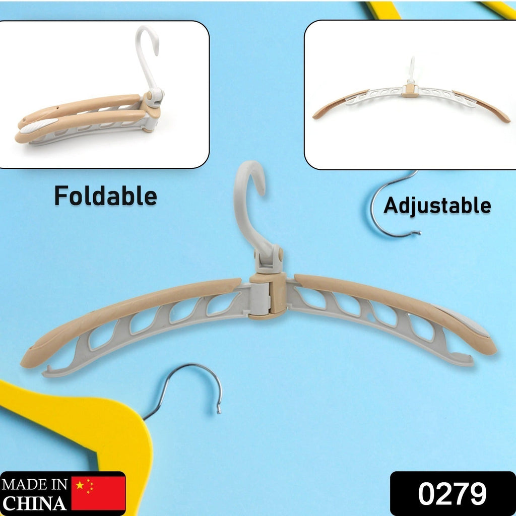 A beige and white folding hanger on a blue background, with insets showing it folded and adjusted. The text "Foldable" and