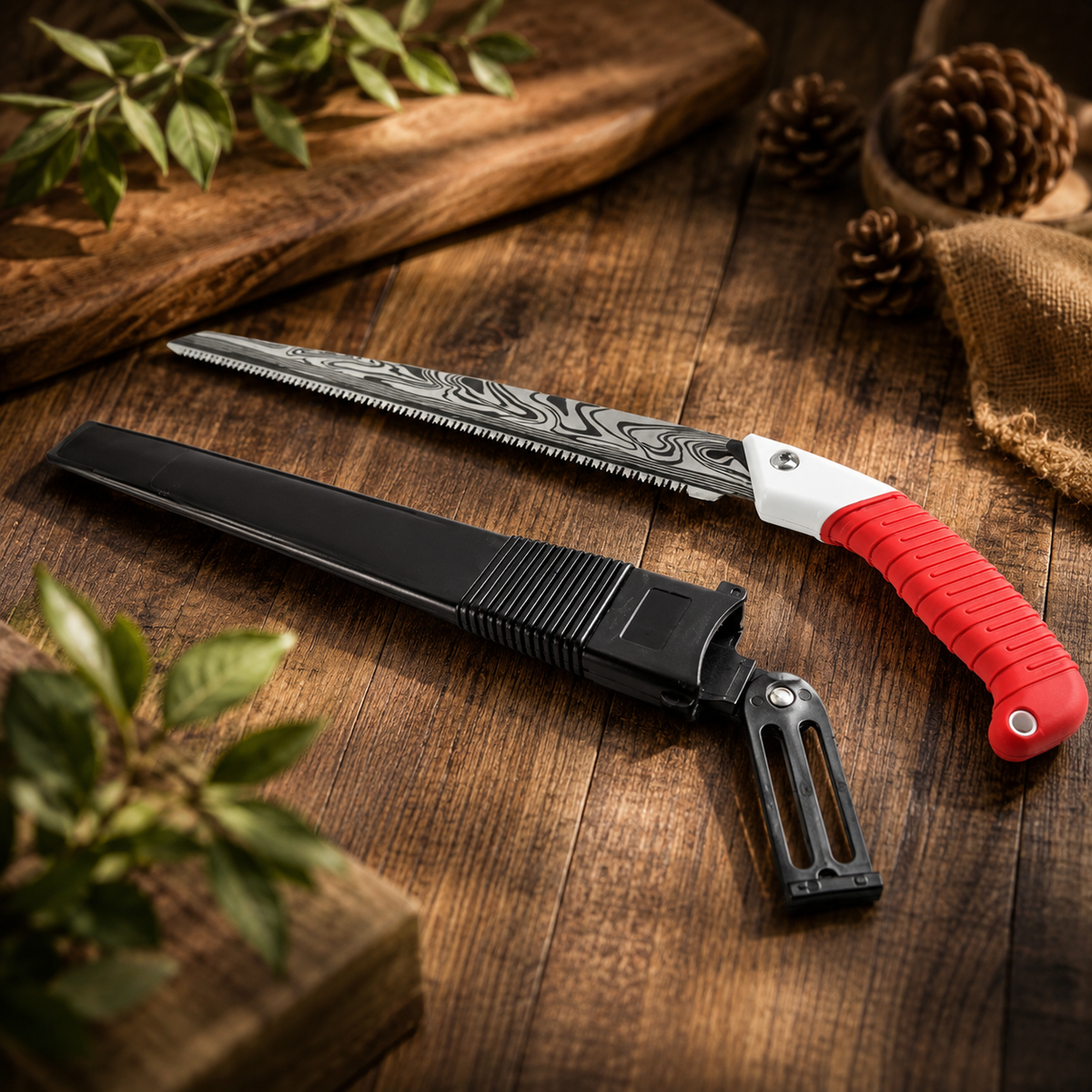 A hand pruning saw with a red handle and a black sheath lying on a rustic wooden surface with pinecones and leaves.