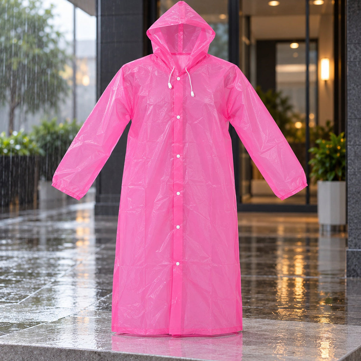 A pink translucent rain coat with a hood and white snap buttons hangs outdoors in the rain.