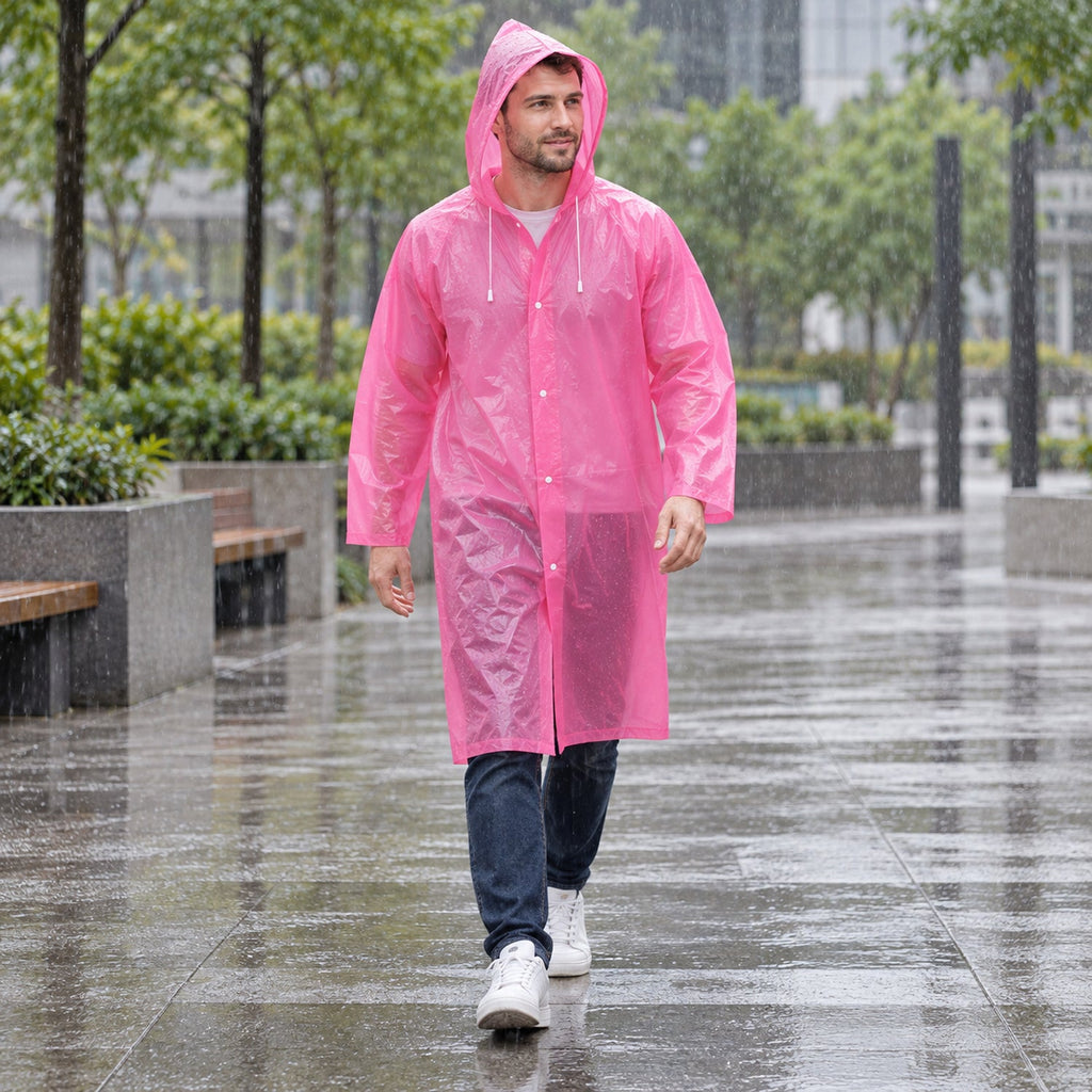A man in a pink translucent rain coat with a hood walks on a wet city path with trees.