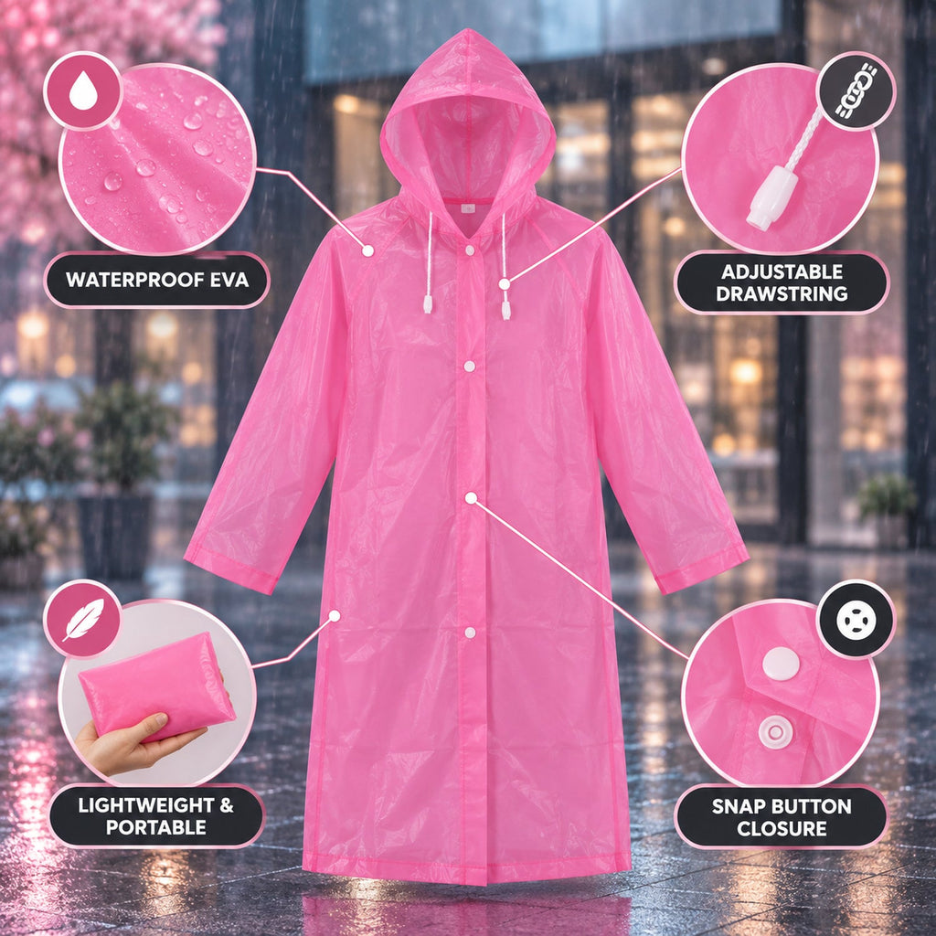 A pink translucent rain coat with a hood and white snap buttons is highlighted with features like waterproof EVA, adjustable