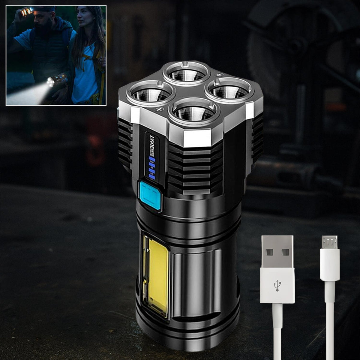 Black and silver flashlight with four main LEDs and a side COB light, with a USB cable and an inset image of people using a