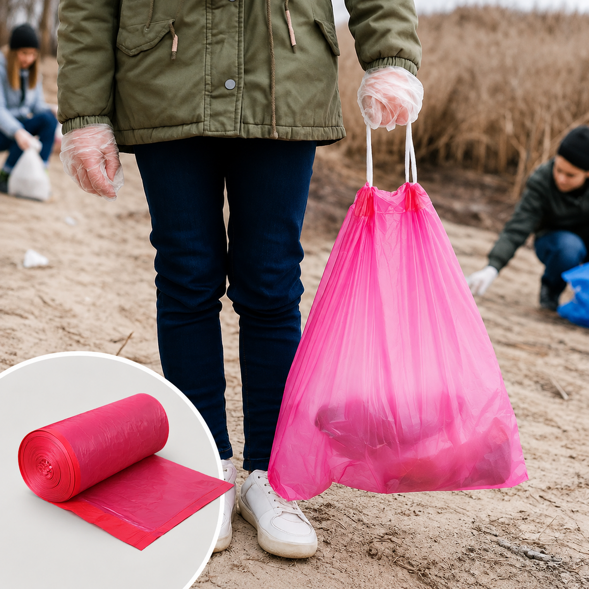 A person wearing gloves holds a full pink drawstring garbage bag on a sandy beach.