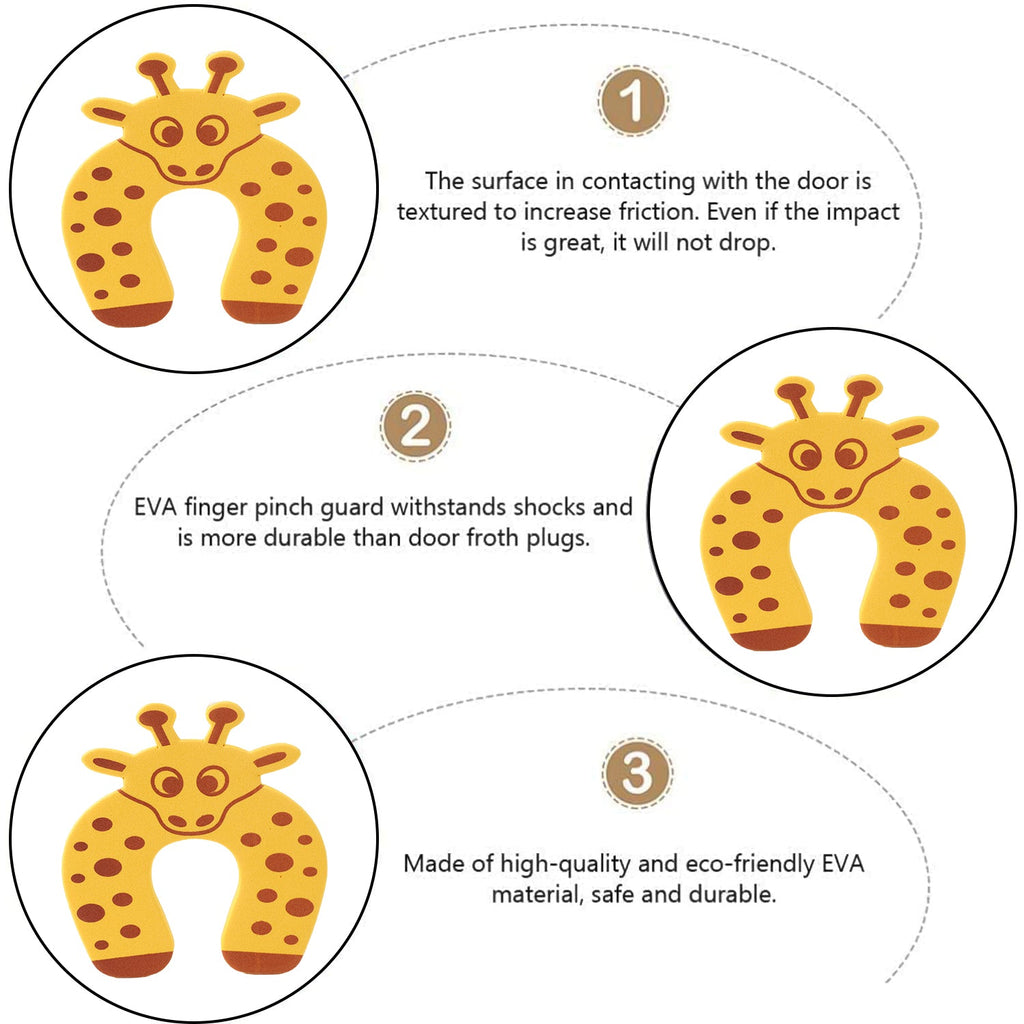 An infographic details the features of the giraffe door stopper, including its textured surface and EVA material.