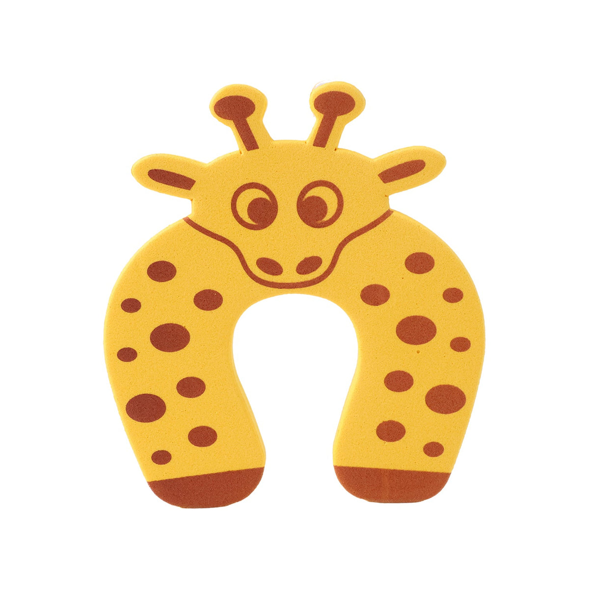 A yellow giraffe-shaped EVA door stopper with brown spots and facial features is isolated on a white background.
