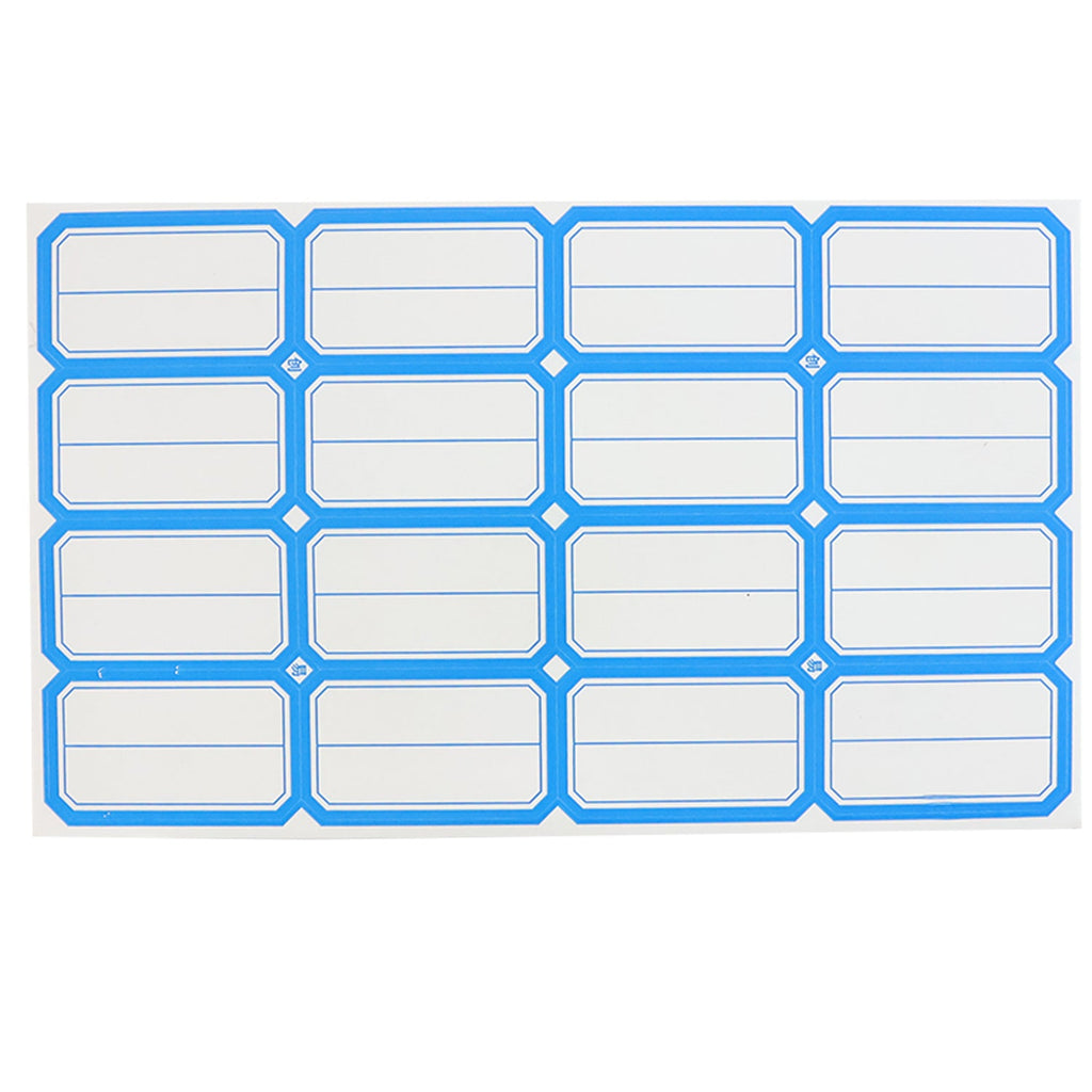 A sheet of blue-bordered rectangular label stickers with blank white centers is shown against a white background.