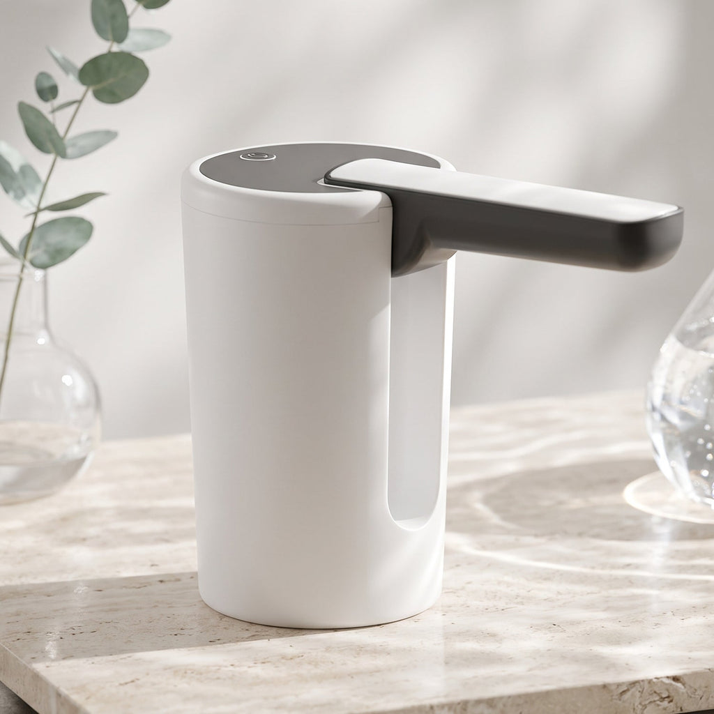 The white and black electric water dispenser pump sits on a marble surface with a glass vase holding eucalyptus branches in