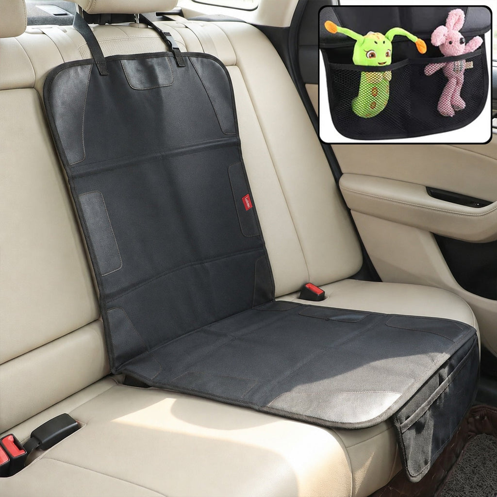 A black car seat protector with pockets for toys is draped over a beige car seat, ready for use.