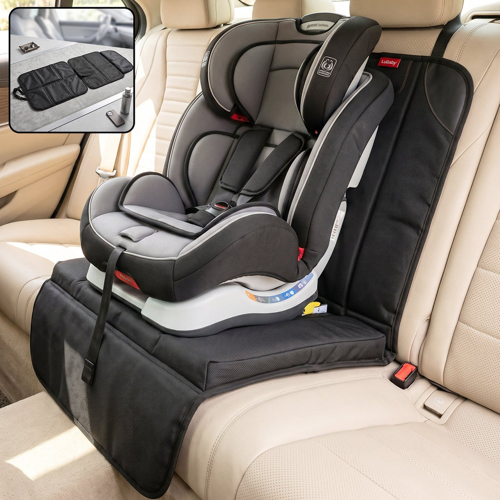 A gray and black child's car seat sits on a black protector in a beige car, with an inset of the protector unfolded.