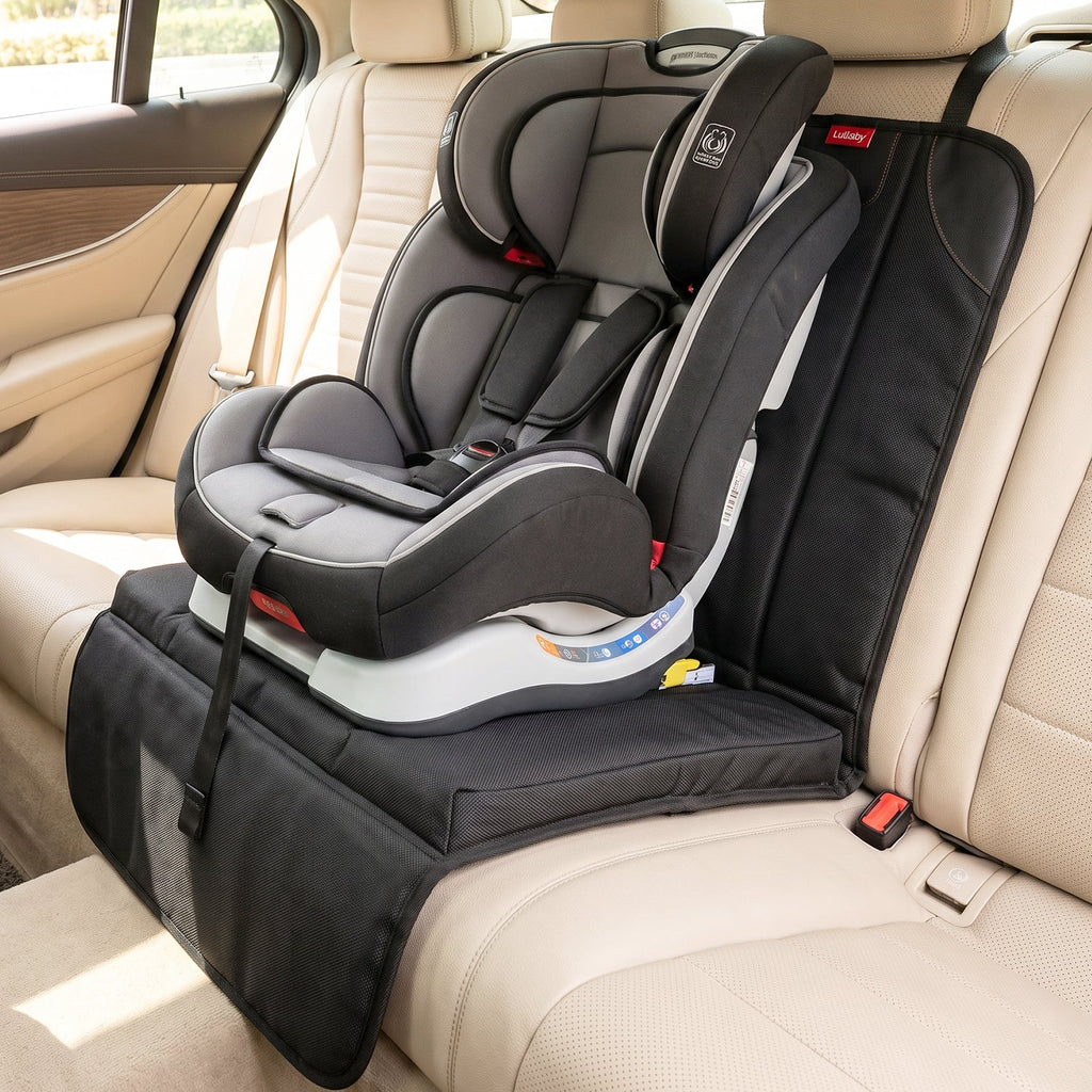 A gray and black child's car seat is secured on a black protector covering a beige vehicle seat.