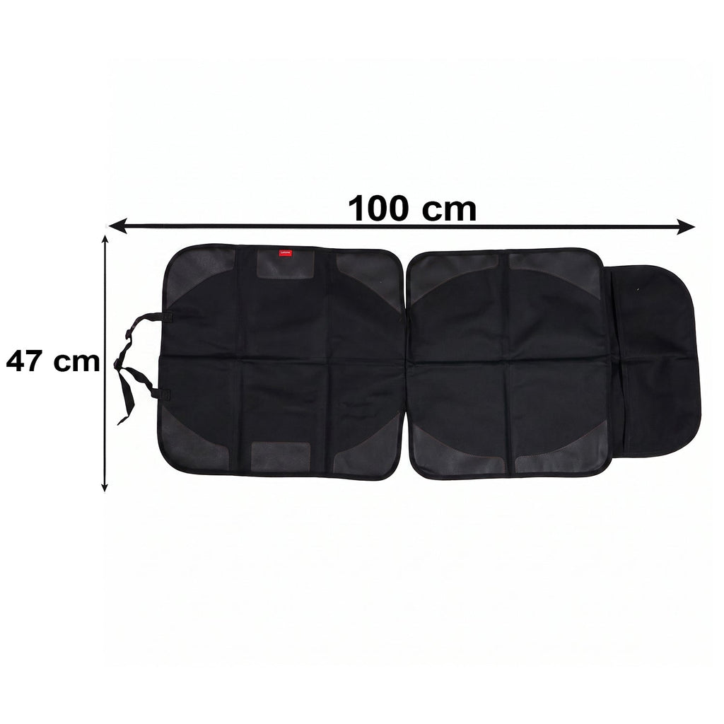 The black car seat protector is displayed flat on a white background with dimensions of 100 cm by 47 cm.