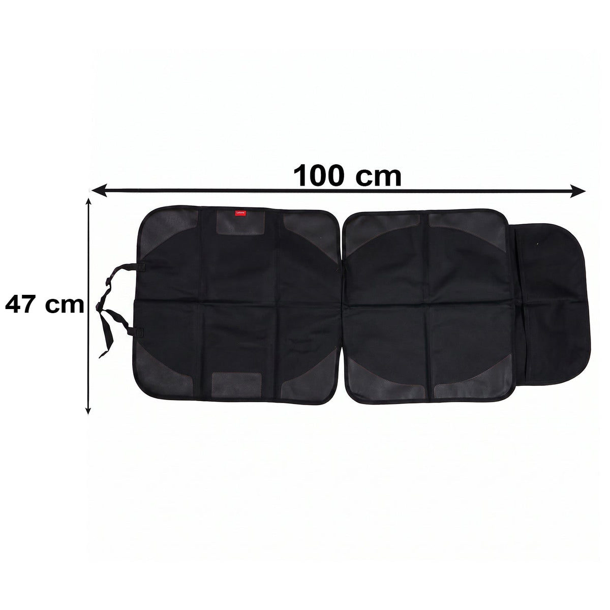 The black car seat protector is displayed flat on a white background with dimensions of 100 cm by 47 cm.