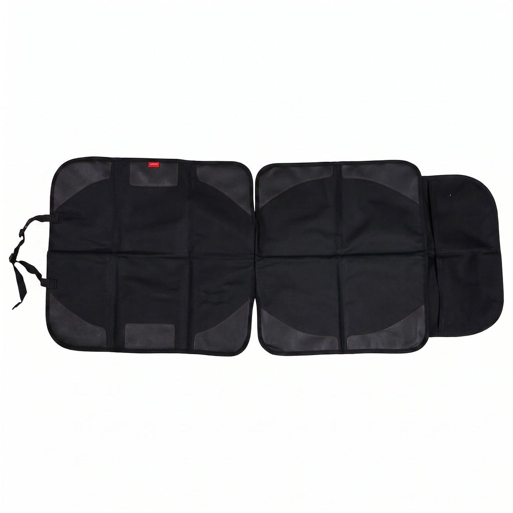 The black car seat protector is fully extended on a white background, revealing its modular design.
