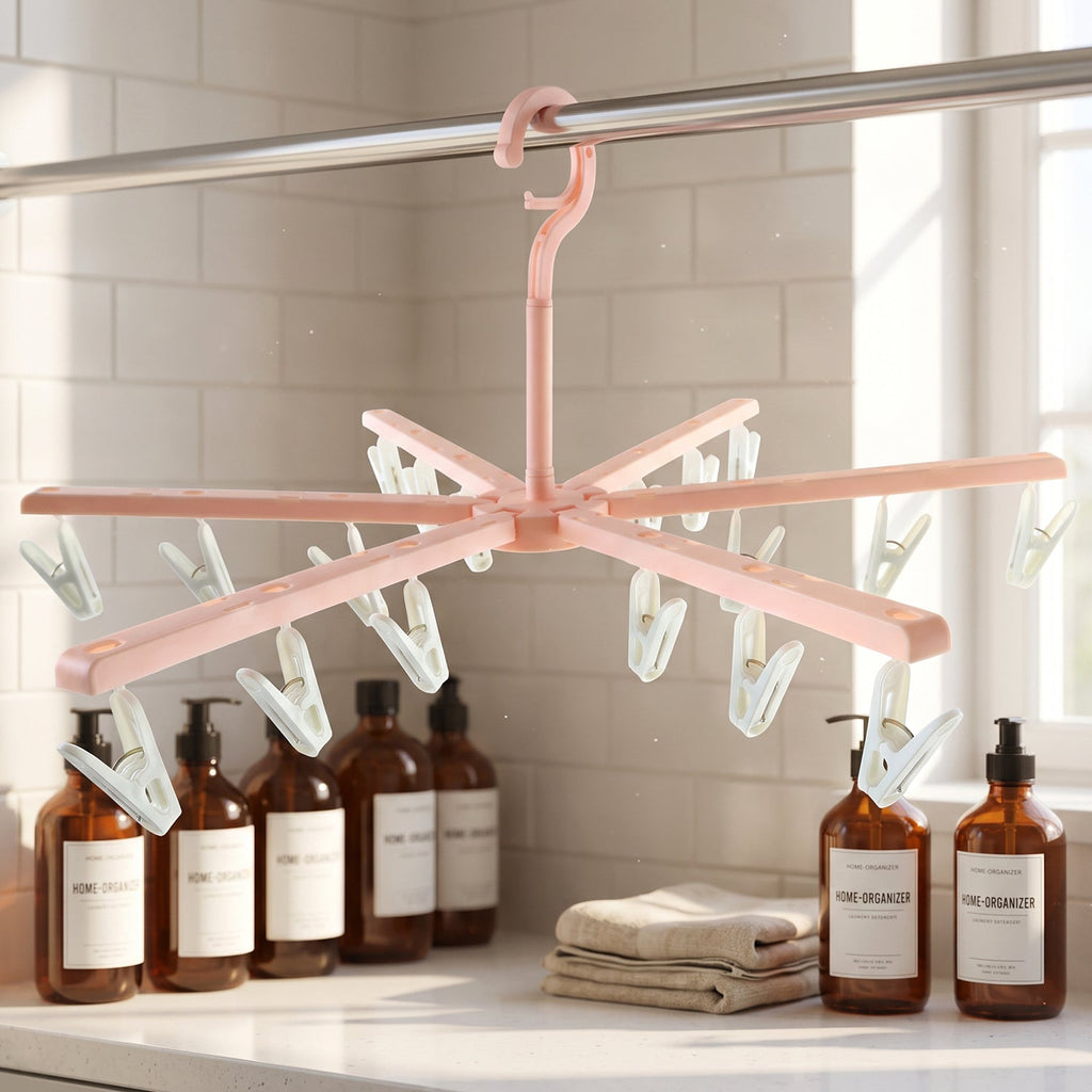A pink plastic foldable clothes drying rack with white clips hangs above brown bottles and folded towels on a counter.