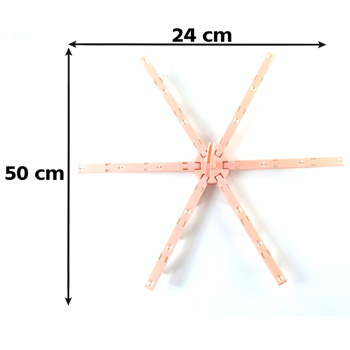 A pink plastic foldable clothes drying rack, unfolded, is shown with dimensions of 24 cm and 50 cm on a white background.