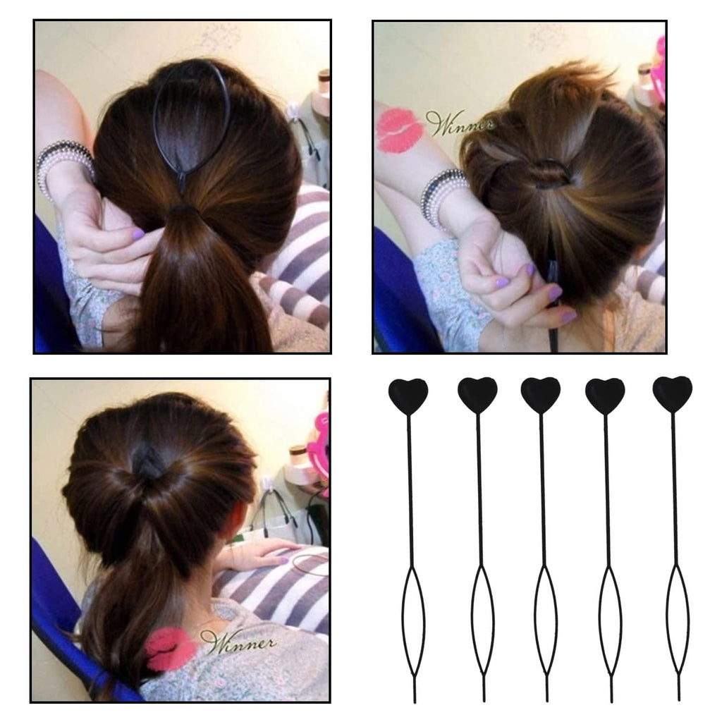 Four images showing the hair styling tool being used to create a bun, and four tools below.